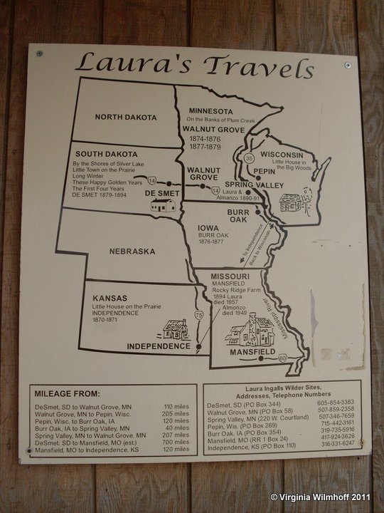 A map of most of Laura Ingalls Wilder's moves throughout her life at the